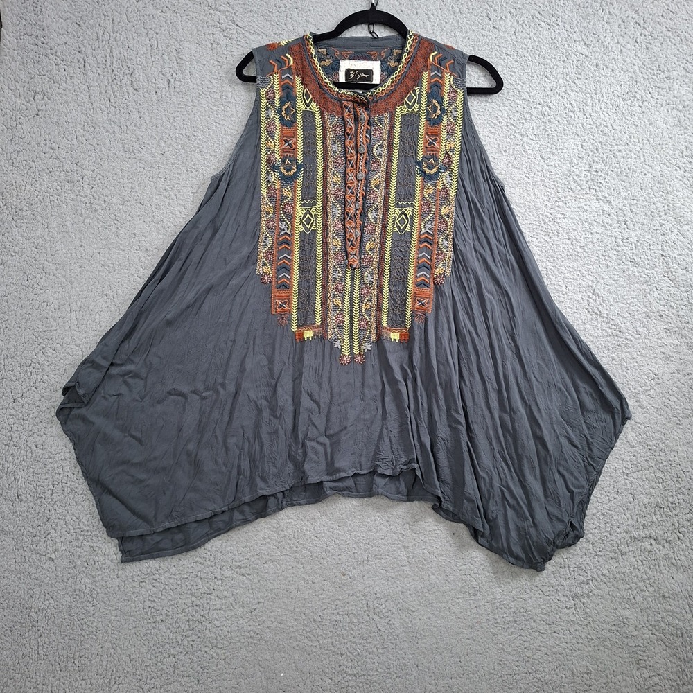 Johnny Was Biya Embroidered Boho Sleeveless Drape Oversize Tunic Gray Medium